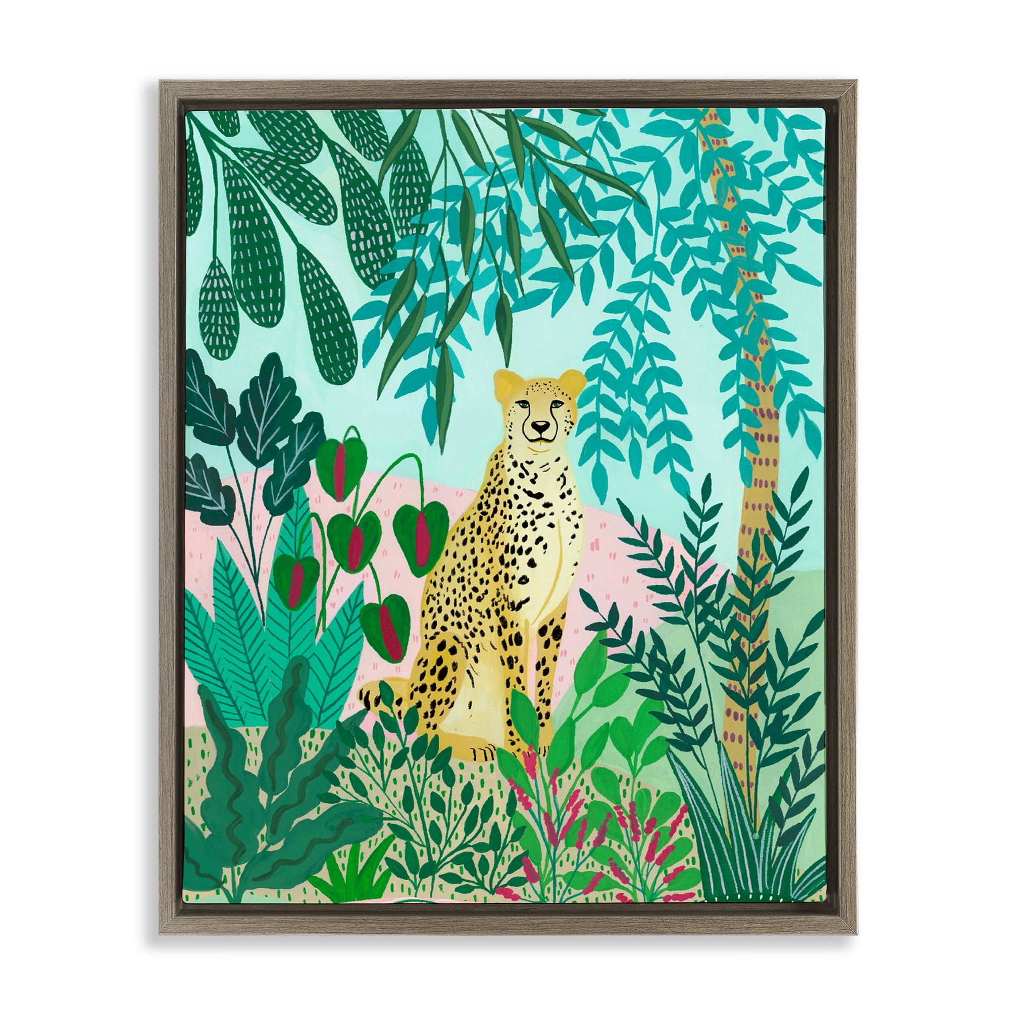Stoic Leopard Tropical Forest Brown Framed Floater Canvas Wall Art, design by Nabeela Rumi