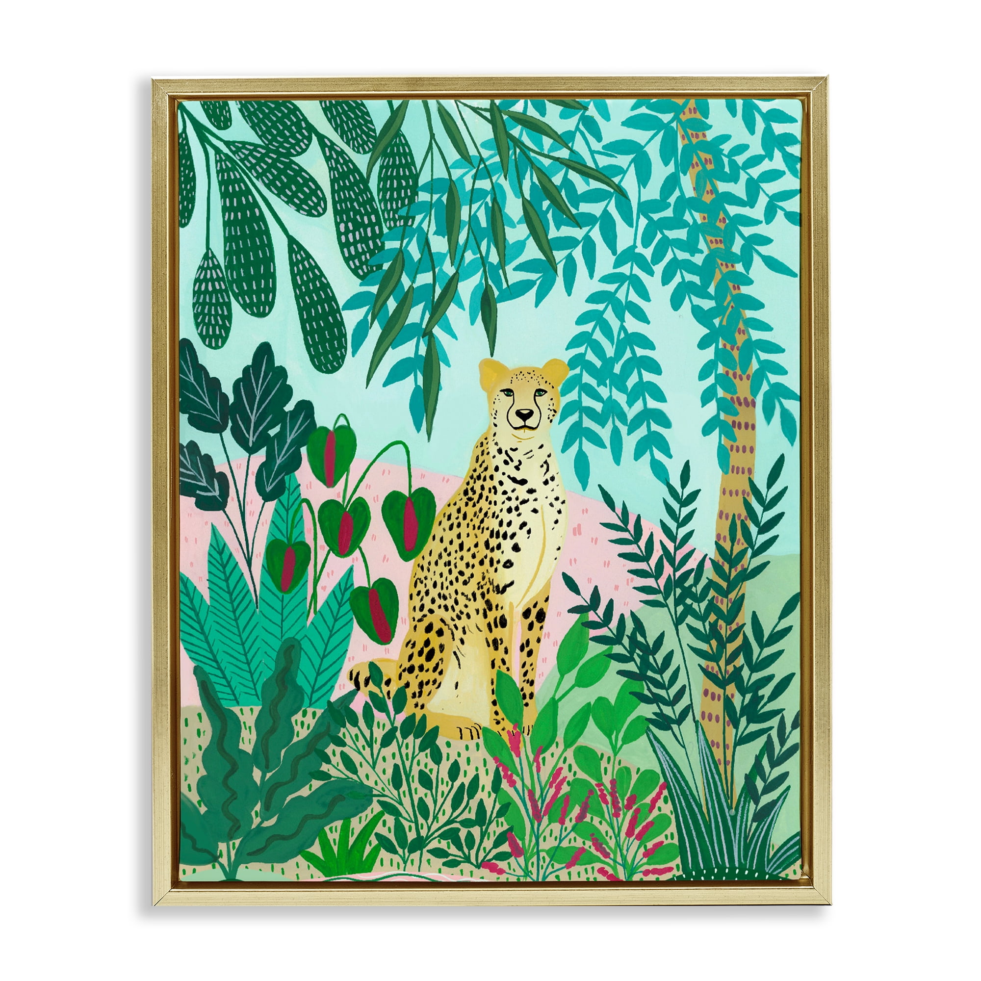 Stoic Leopard Tropical Forest Gold Framed Floater Canvas Wall Art, design by Nabeela Rumi
