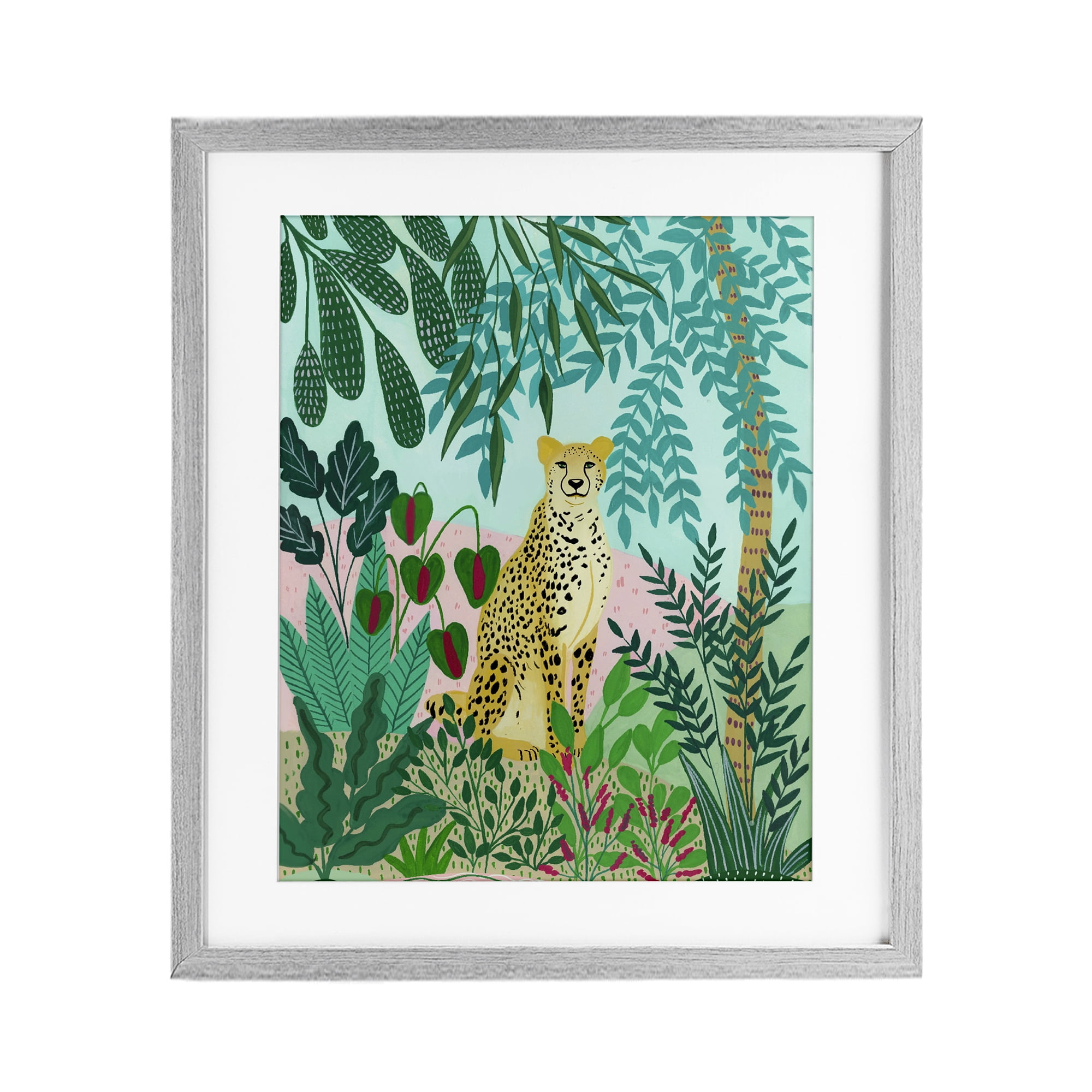 Stoic Leopard Tropical Forest Gray Framed Print Under Glass, design by Nabeela Rumi