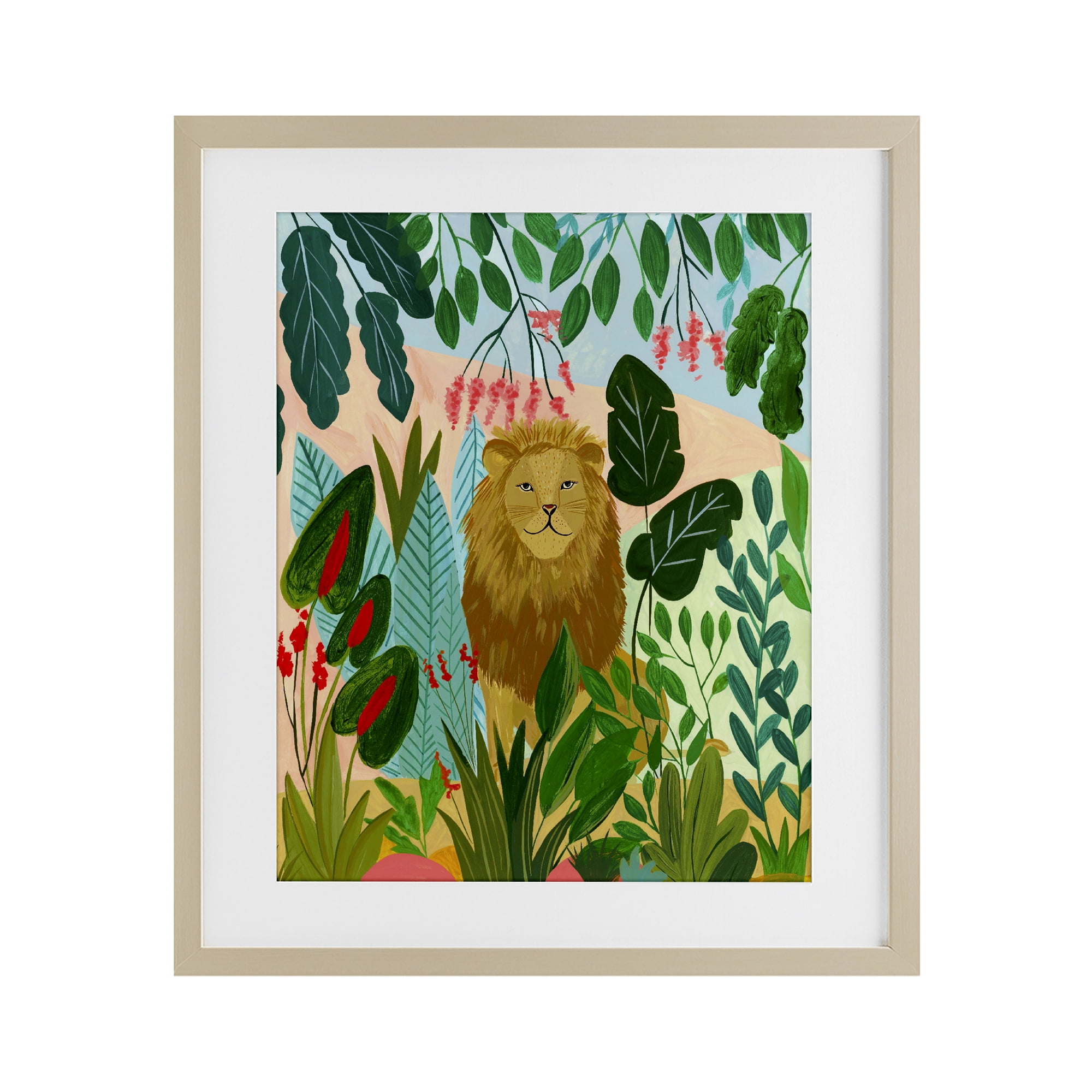 Stoic Lion Tropical Forest Birch Framed Print Under Glass, design by Nabeela Rumi