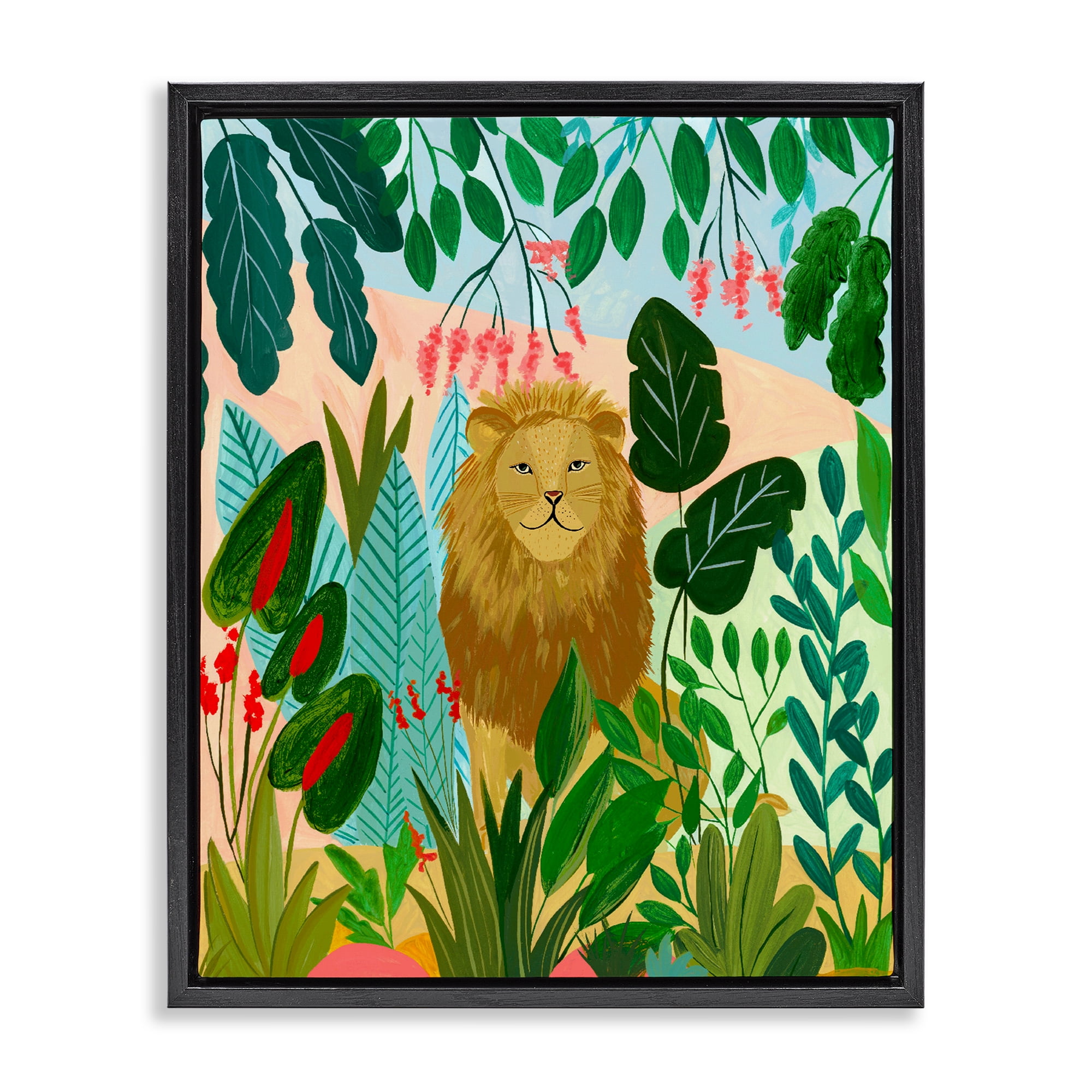 Stoic Lion Tropical Forest Black Framed Floater Canvas Wall Art, design by Nabeela Rumi