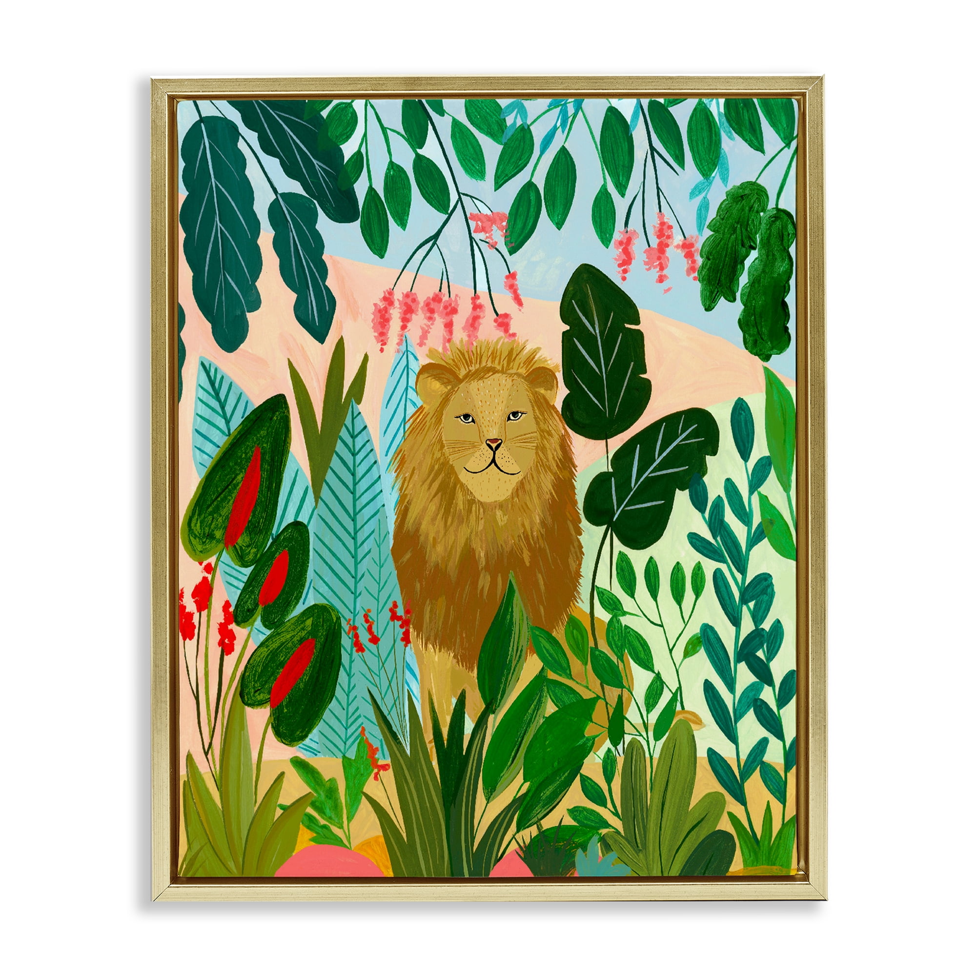 Stoic Lion Tropical Forest Gold Framed Floater Canvas Wall Art, design by Nabeela Rumi