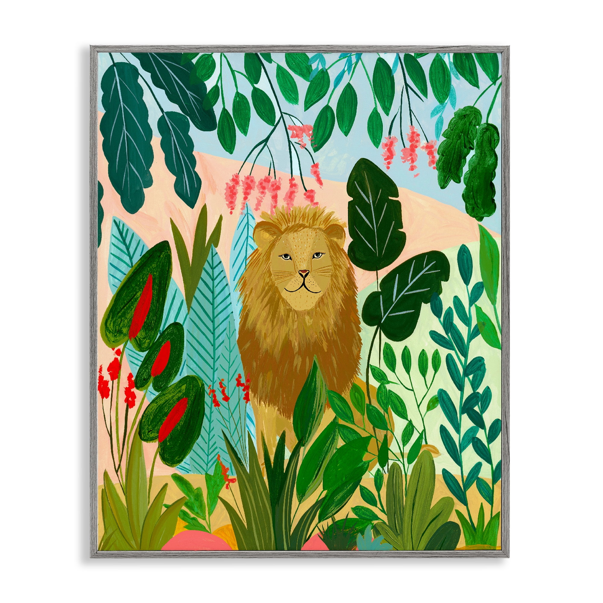Stoic Lion Tropical Forest Gray Framed Giclee Art, design by Nabeela Rumi