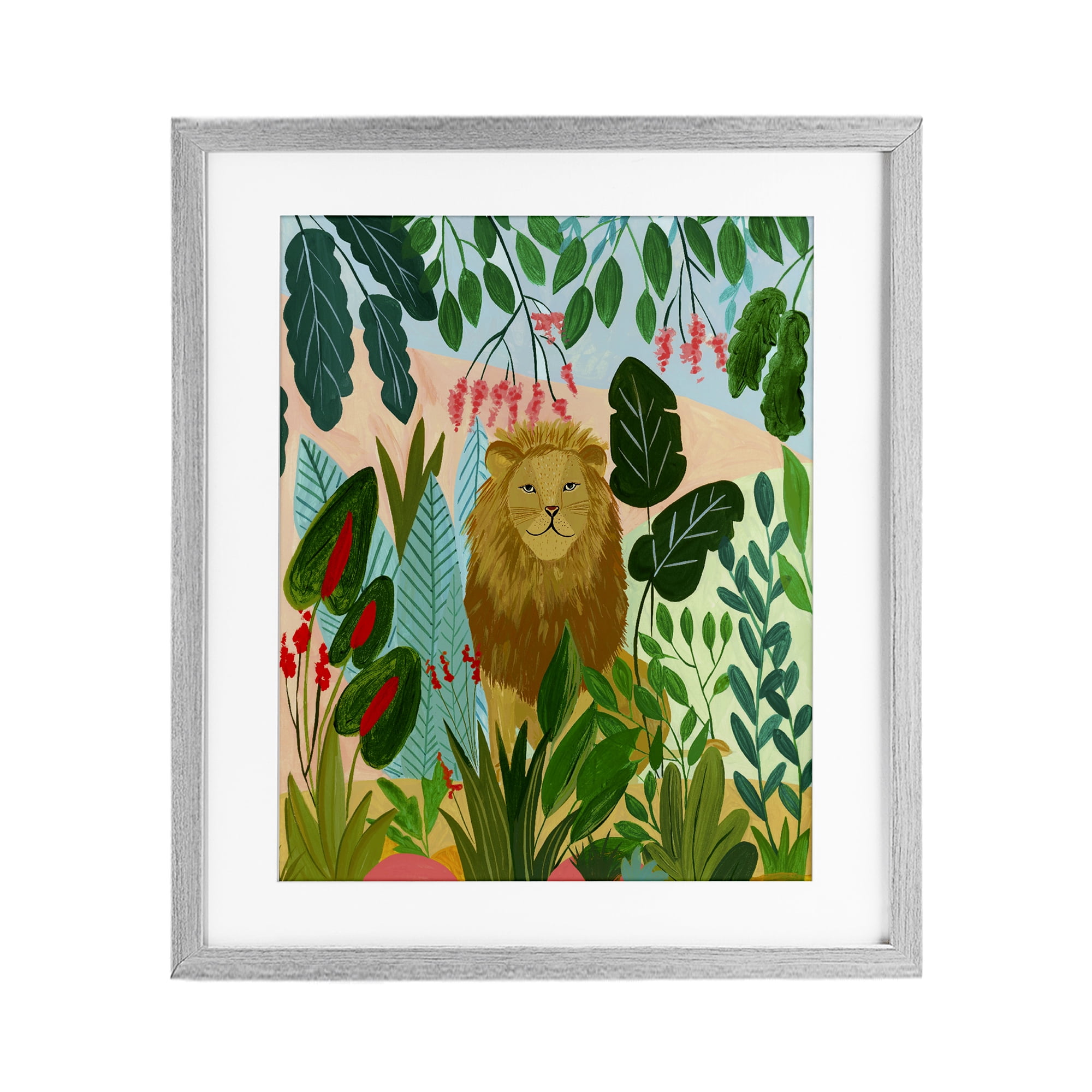Stoic Lion Tropical Forest Gray Framed Print Under Glass, design by Nabeela Rumi