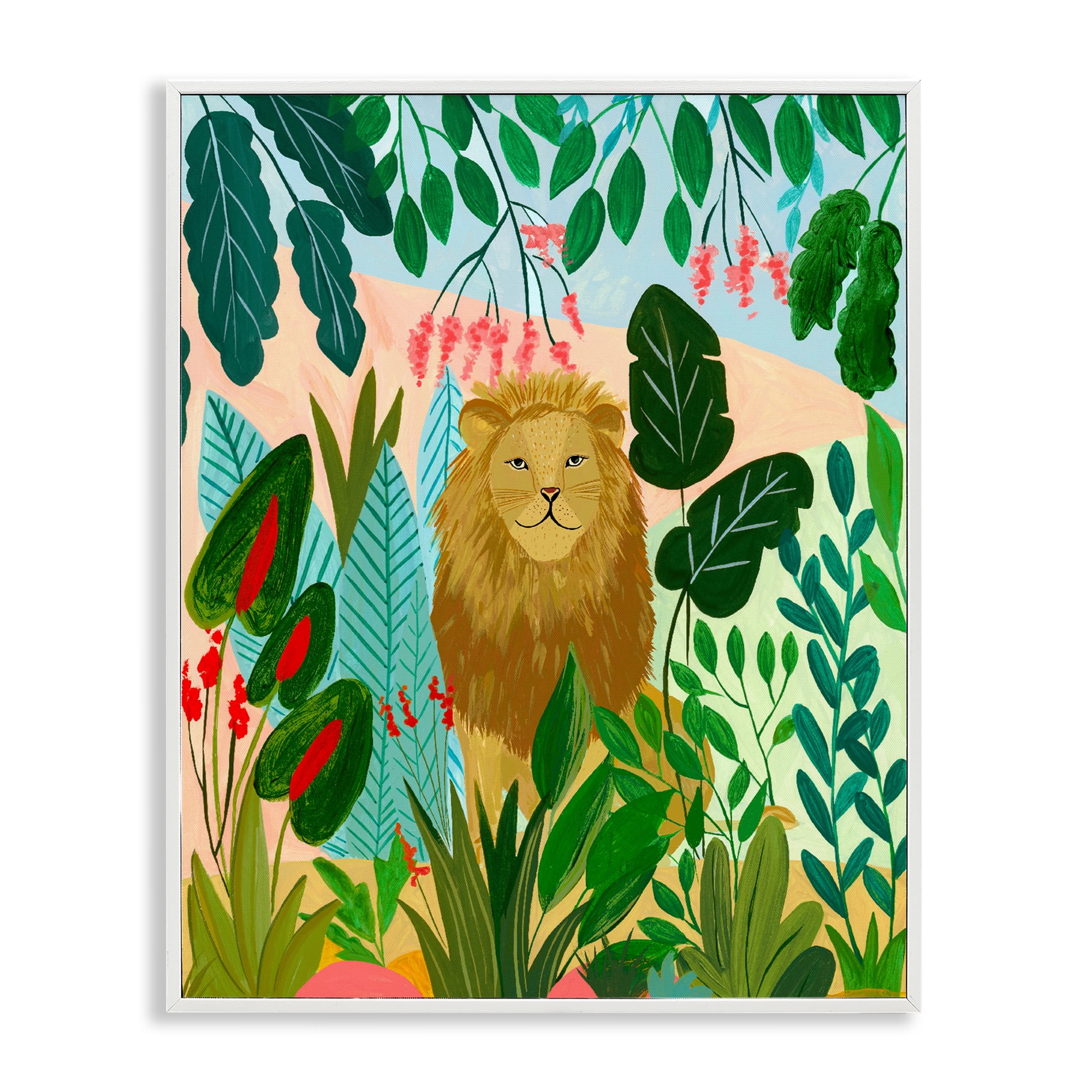 Stoic Lion Tropical Forest White Framed Giclee Art, design by Nabeela Rumi