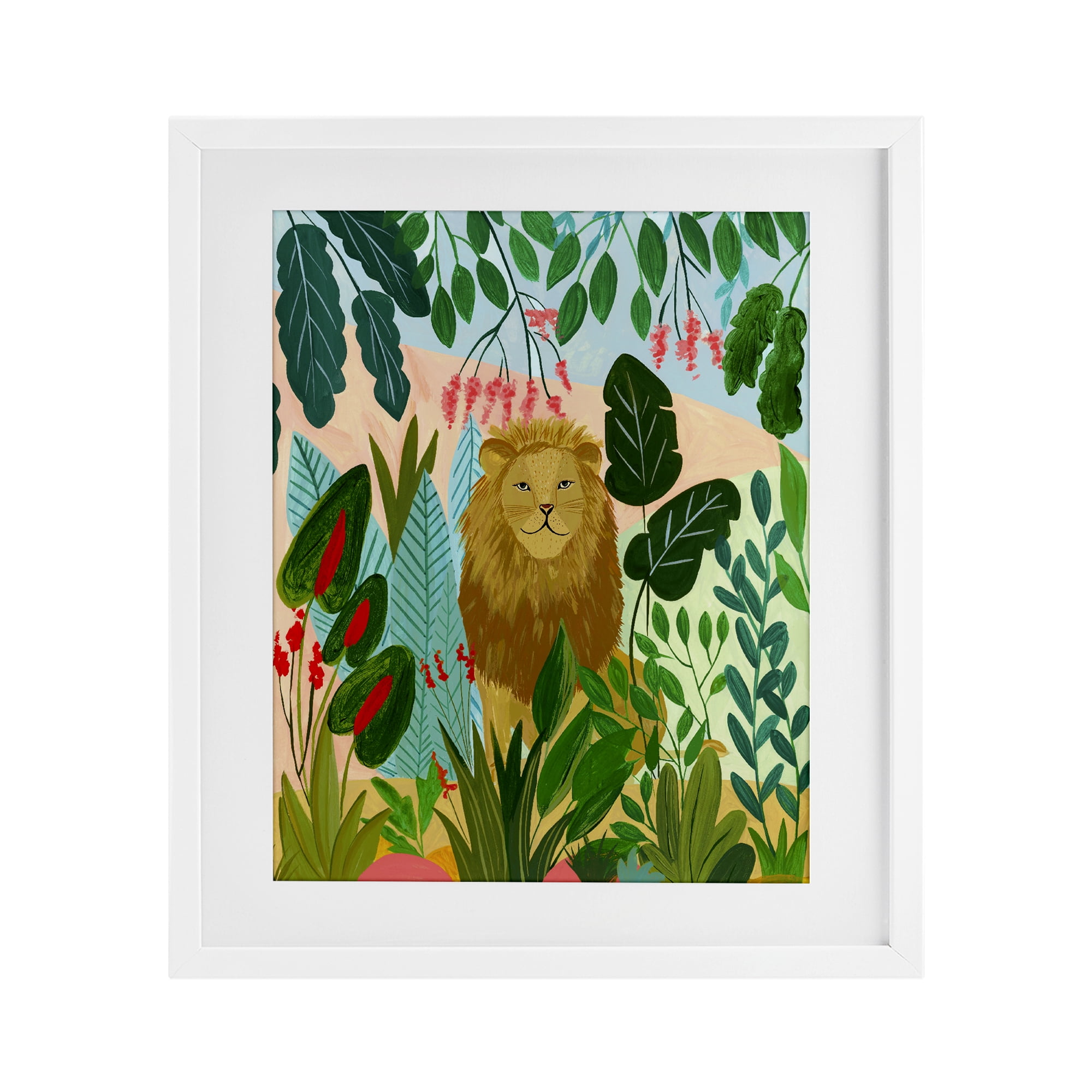 Stoic Lion Tropical Forest White Framed Print Under Glass, design by Nabeela Rumi