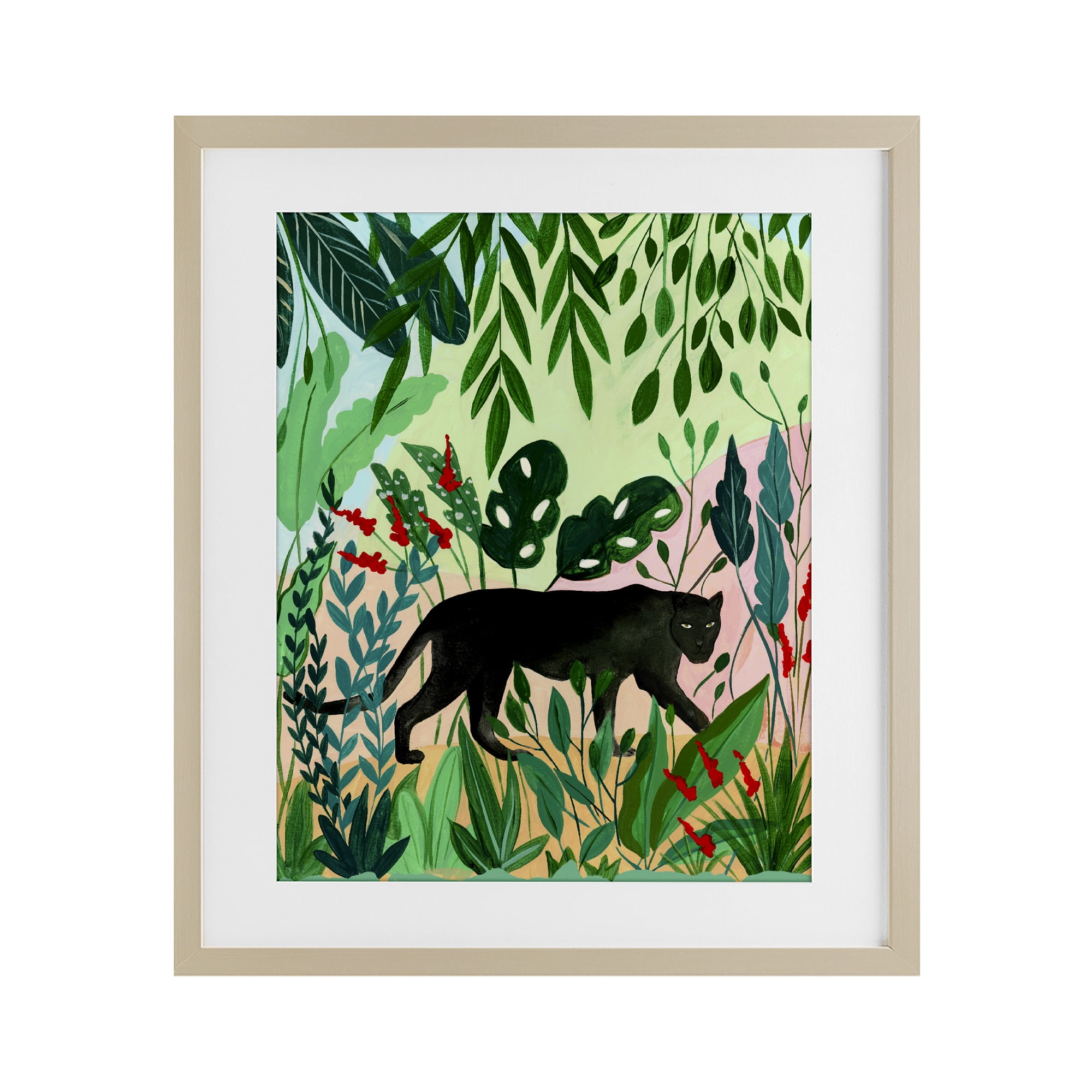 Stoic Panther Tropical Forest Birch Framed Print Under Glass, design by Nabeela Rumi