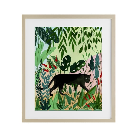 Stoic Panther Tropical Forest Birch Framed Print Under Glass, design by Nabeela Rumi