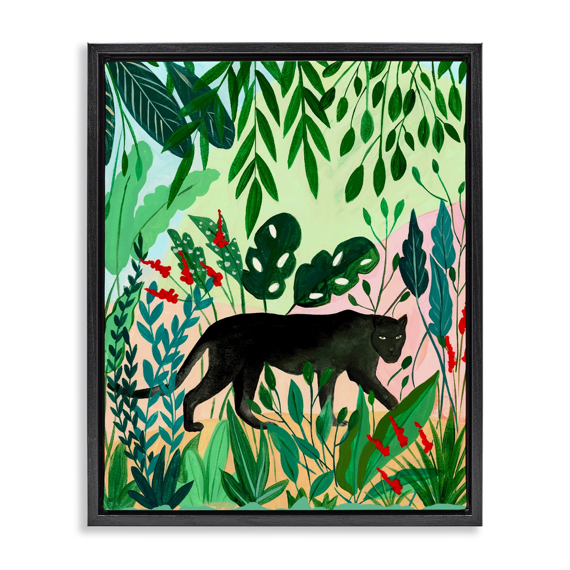 Stoic Panther Tropical Forest Black Framed Floater Canvas Wall Art, design by Nabeela Rumi