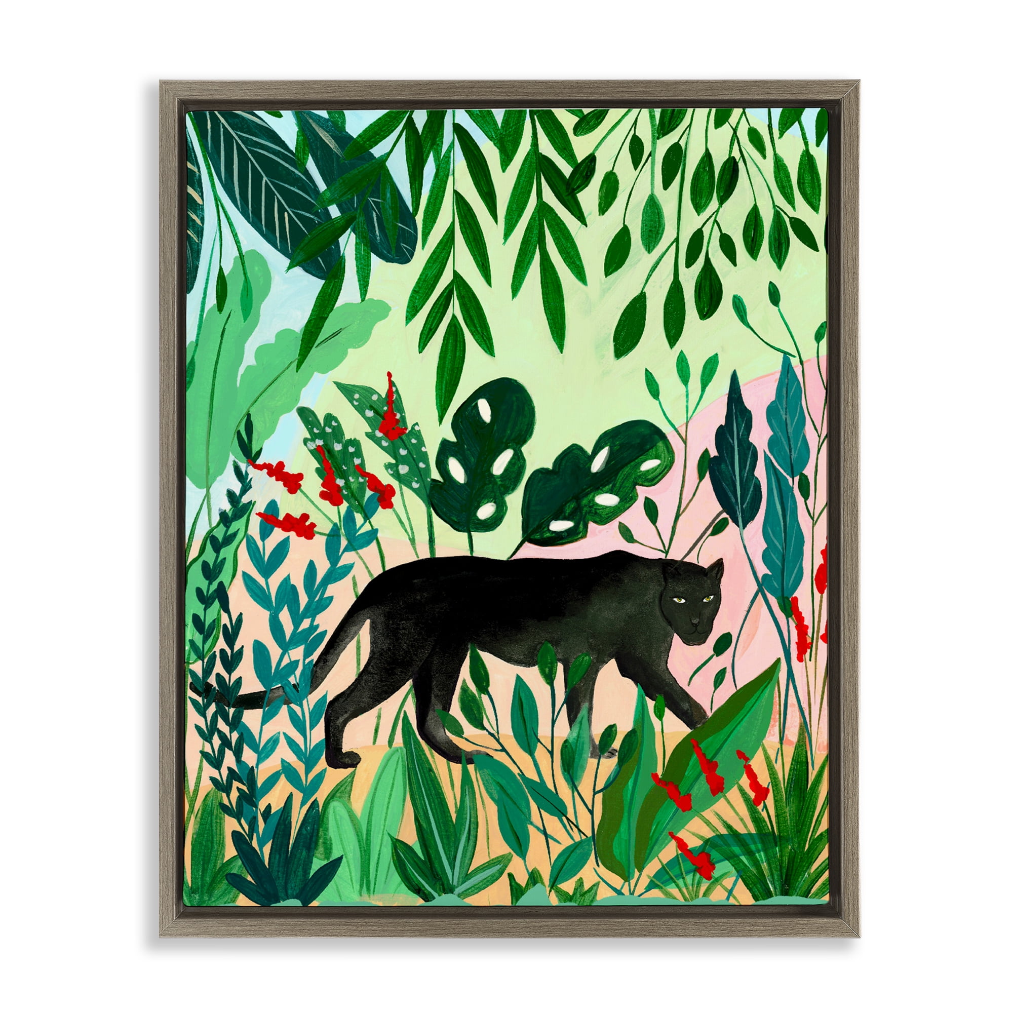 Stoic Panther Tropical Forest Brown Framed Floater Canvas Wall Art, design by Nabeela Rumi