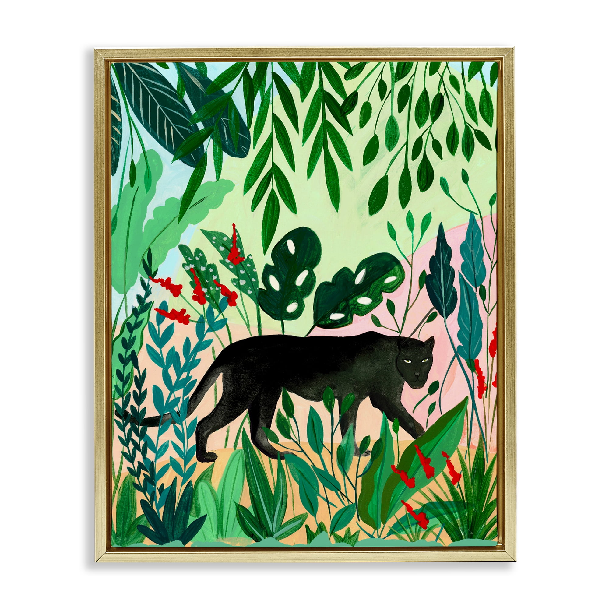 Stoic Panther Tropical Forest Gold Framed Floater Canvas Wall Art, design by Nabeela Rumi