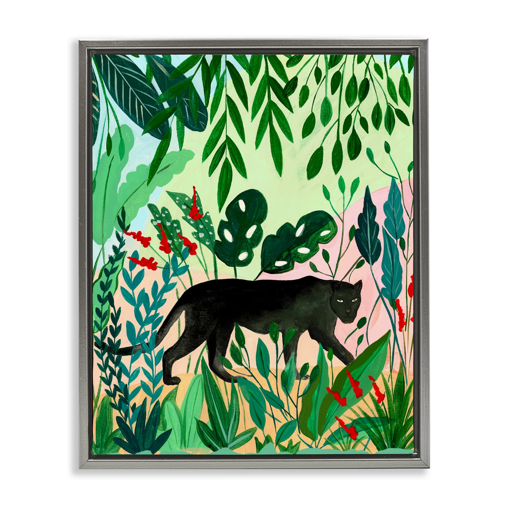 Stoic Panther Tropical Forest Gray Framed Floater Canvas Wall Art, design by Nabeela Rumi
