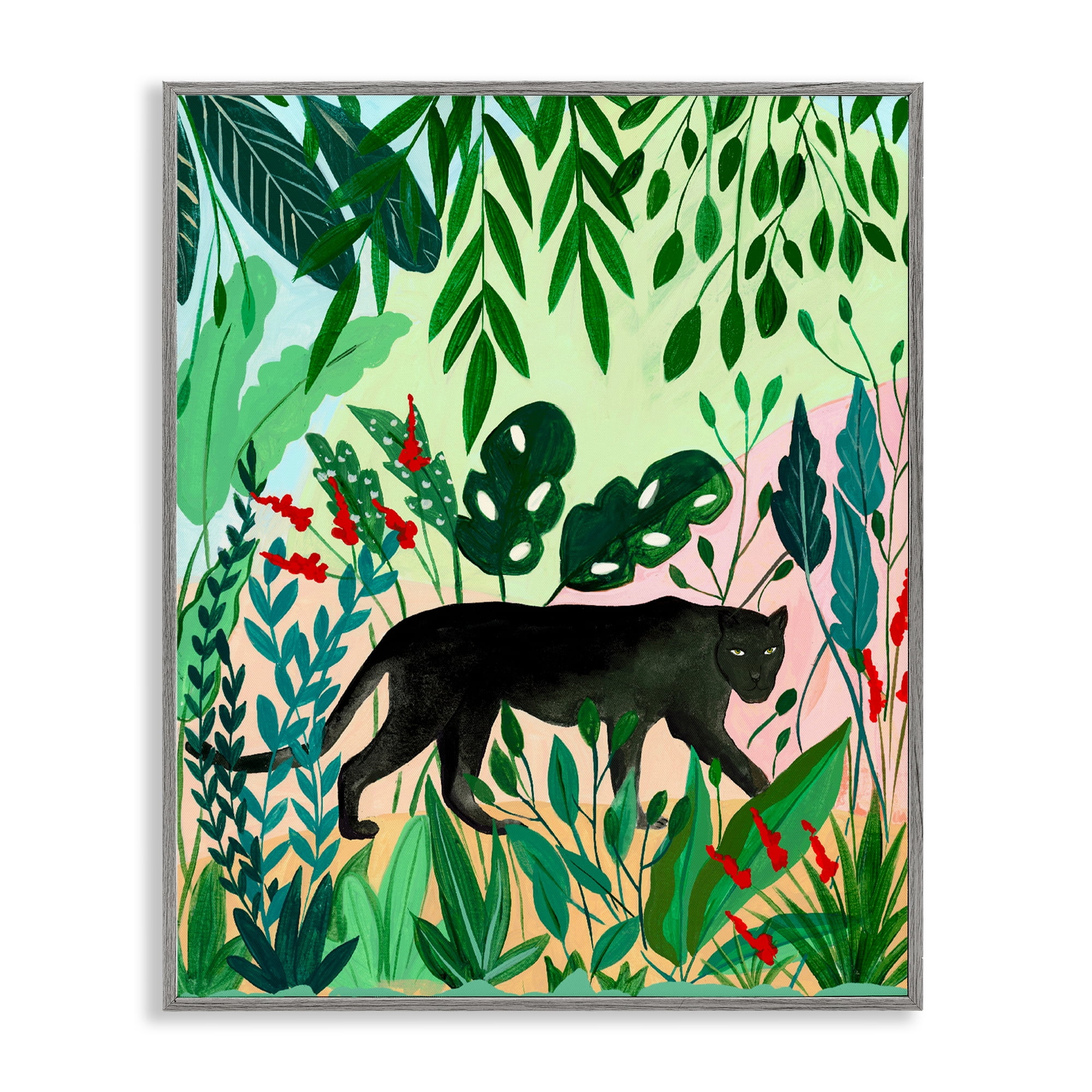 Stoic Panther Tropical Forest Gray Framed Giclee Art, design by Nabeela Rumi
