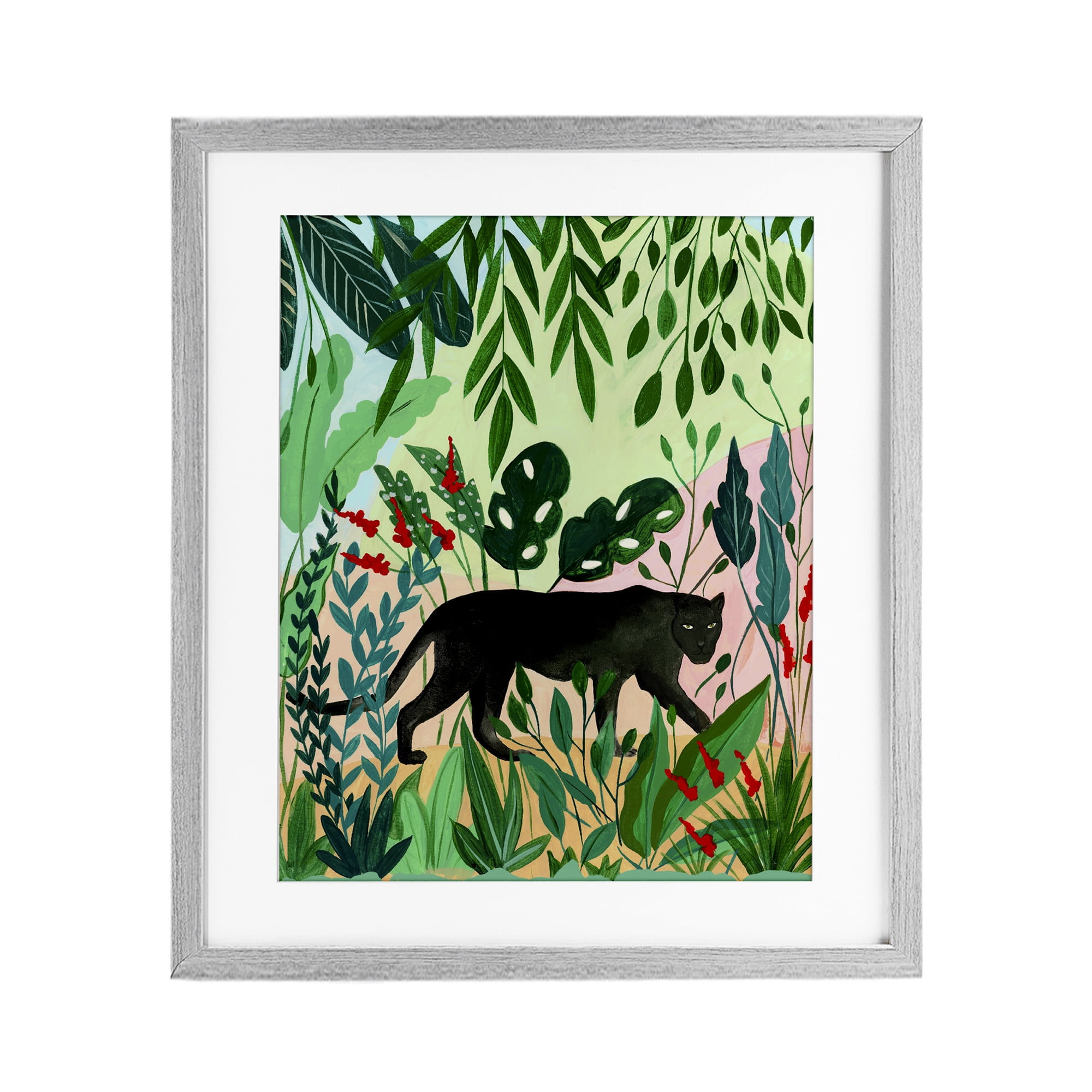 Stoic Panther Tropical Forest Gray Framed Print Under Glass, design by Nabeela Rumi