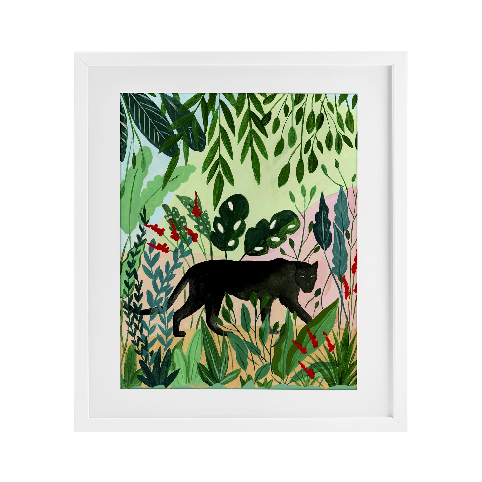 Stoic Panther Tropical Forest White Framed Print Under Glass, design by Nabeela Rumi