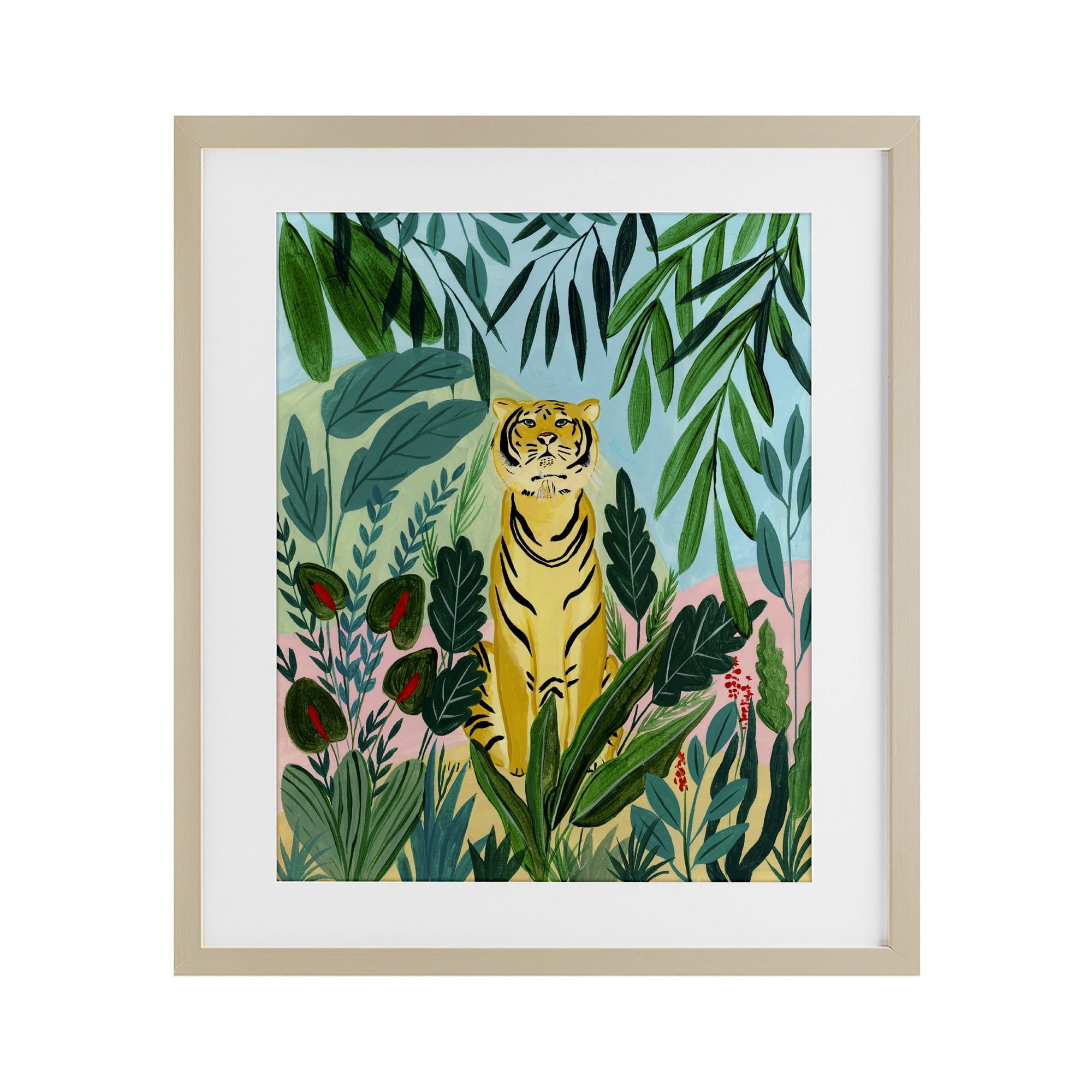 Stoic Tiger Tropical Forest Birch Framed Print Under Glass, design by Nabeela Rumi