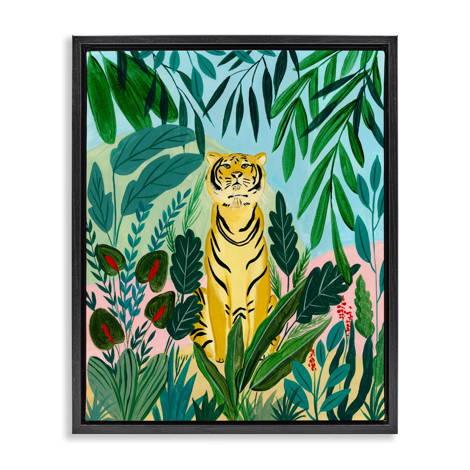 Stoic Tiger Tropical Forest Black Framed Floater Canvas Wall Art, design by Nabeela Rumi