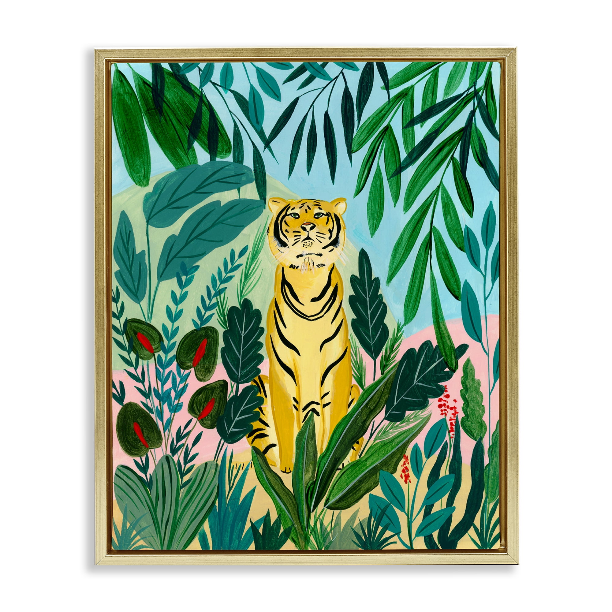 Stoic Tiger Tropical Forest Gold Framed Floater Canvas Wall Art, design by Nabeela Rumi