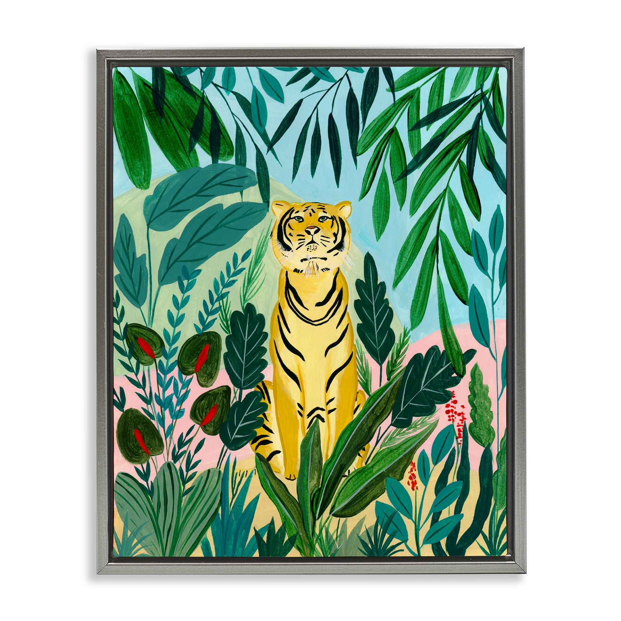 Stoic Tiger Tropical Forest Gray Framed Floater Canvas Wall Art, design by Nabeela Rumi