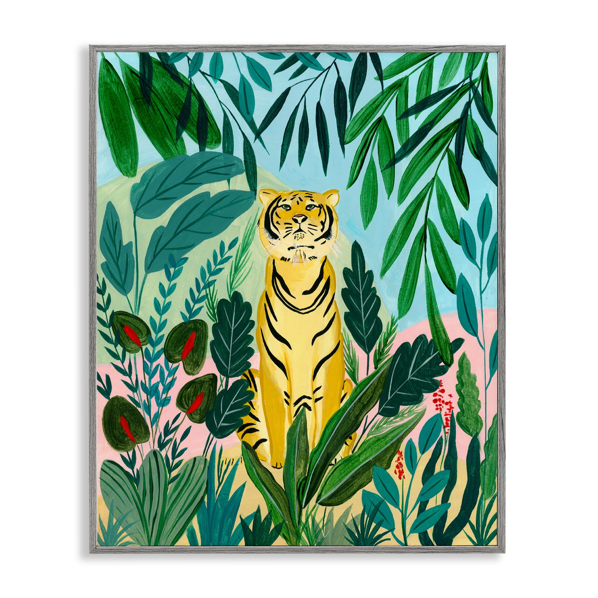 Stoic Tiger Tropical Forest Gray Framed Giclee Art, design by Nabeela Rumi