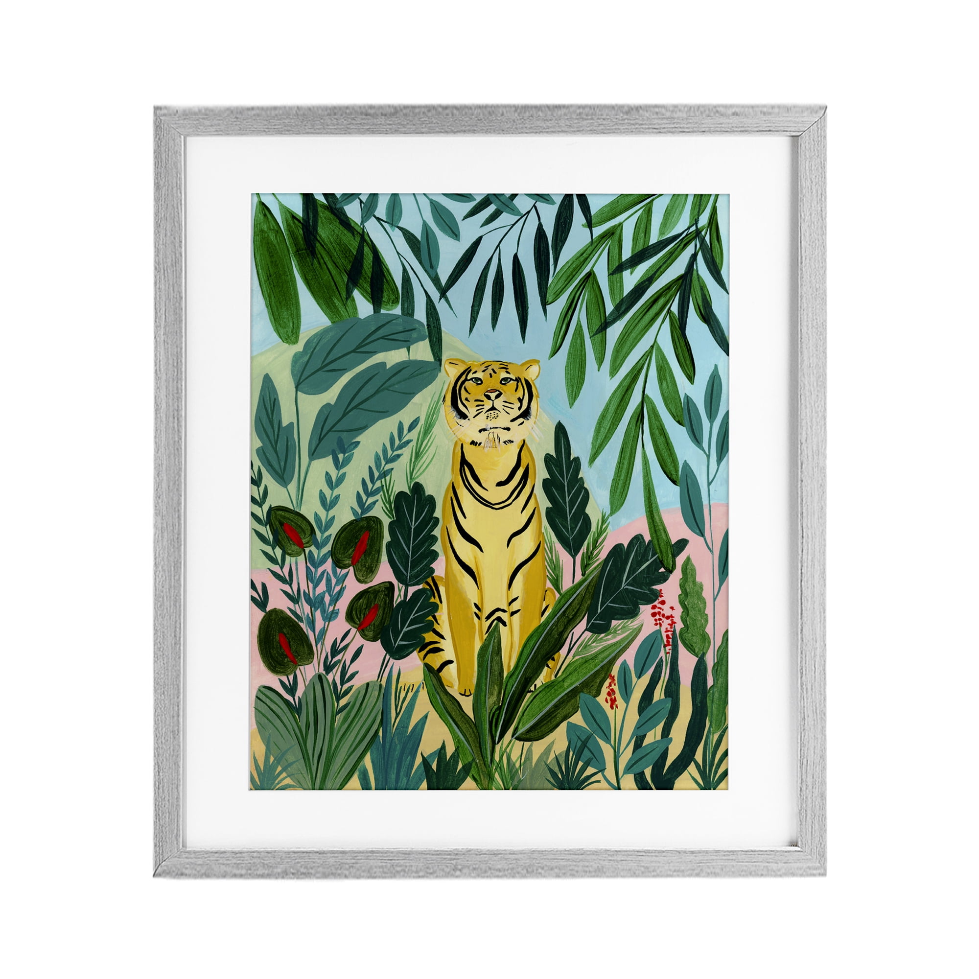 Stoic Tiger Tropical Forest Gray Framed Print Under Glass, design by Nabeela Rumi