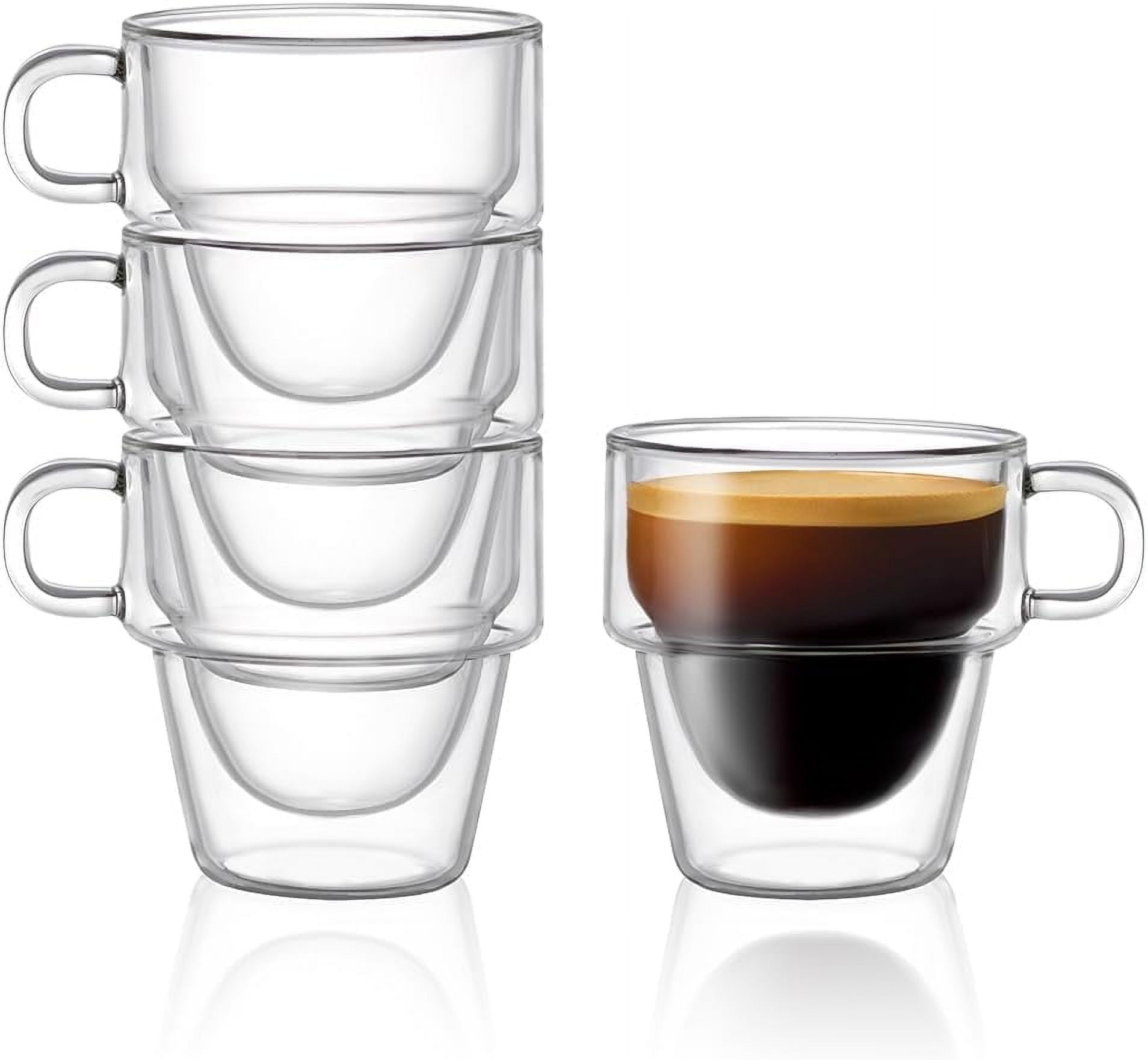 Stoiva Double Wall Insulated Espresso Glass Cups – 5 oz. (150 ml) Shot Cup with Handle – Stackable Thermal Clear Glass Cups, Fit for Espresso Machine and Coffee Maker – Set of 4