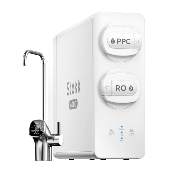Stokk S1 Plus 600GPD Reverse Osmosis Water Filter, 8-Stage Tankless Reverse Osmosis System, NSF/ANSI 42&58 Certified, Under Sink RO System, Reduce PFAS, 2.5:1 Pure to Drain, Smart LED Faucet, White