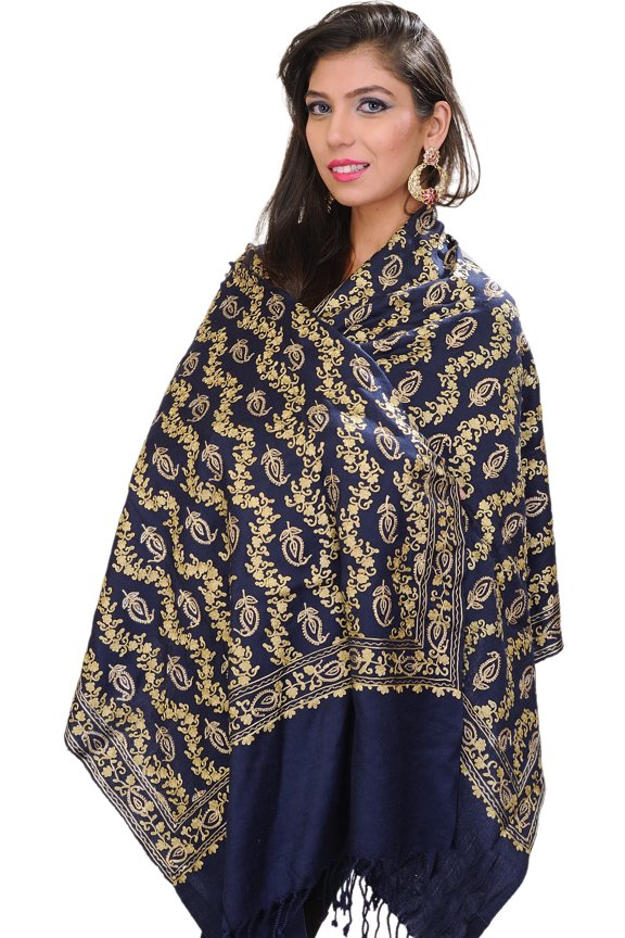 Stole from Amritsar with Embroidered Paisleys in Metallic Thread – navy blue