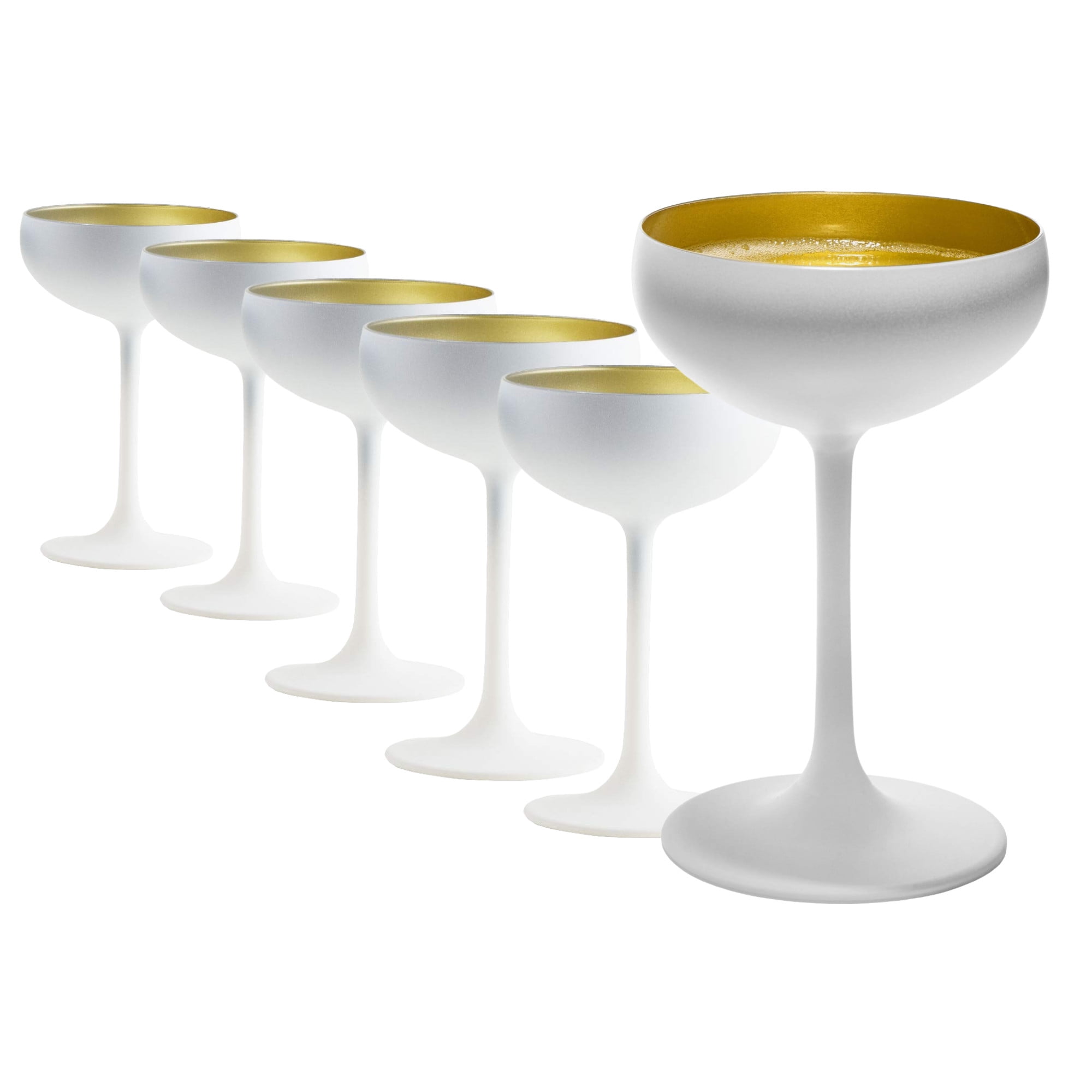 Set of 6 White and Gold Crystal Champagne Coupe Glasses