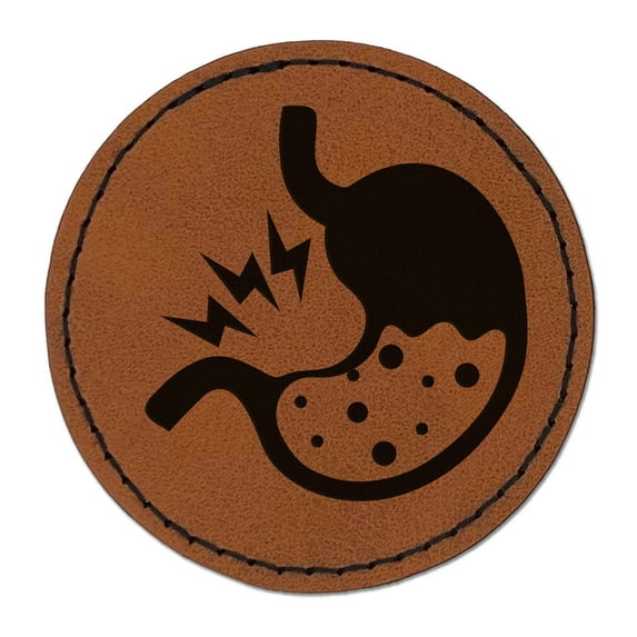 Stomach Ache Pain Anatomy Organ Body Part 2.5" Faux Leather Round Engraved Iron-On Patch - Brown