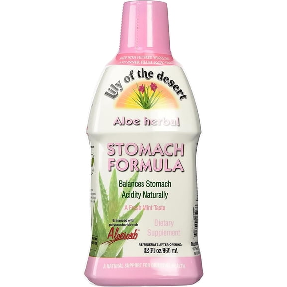 Lily of The Desert Stomach Formula, Organic Aloe Vera Juice with Slippery Elm, Chamomile, Peppermint, and Ginger for Gut Health, Acid Reflux, Heartburn Relief, 32 Oz,1