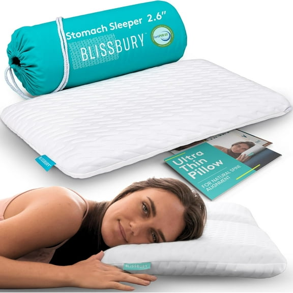 Stomach Sleeping Pillow Ultra Thin 2.6" Memory Foam for Neck and Cervical Support | Flat Belly Sleeper Low Loft Design Comfort Better Sleep