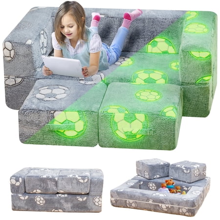 Stomoze 4Pcs Modular Couch Kids Fort Glow in the Dark,Large Modular Couch Kids Glow in the Dark,Modular Kids Toddler Play Couch,Convertible Modular Couch Kids for Playroom,Gray+Football