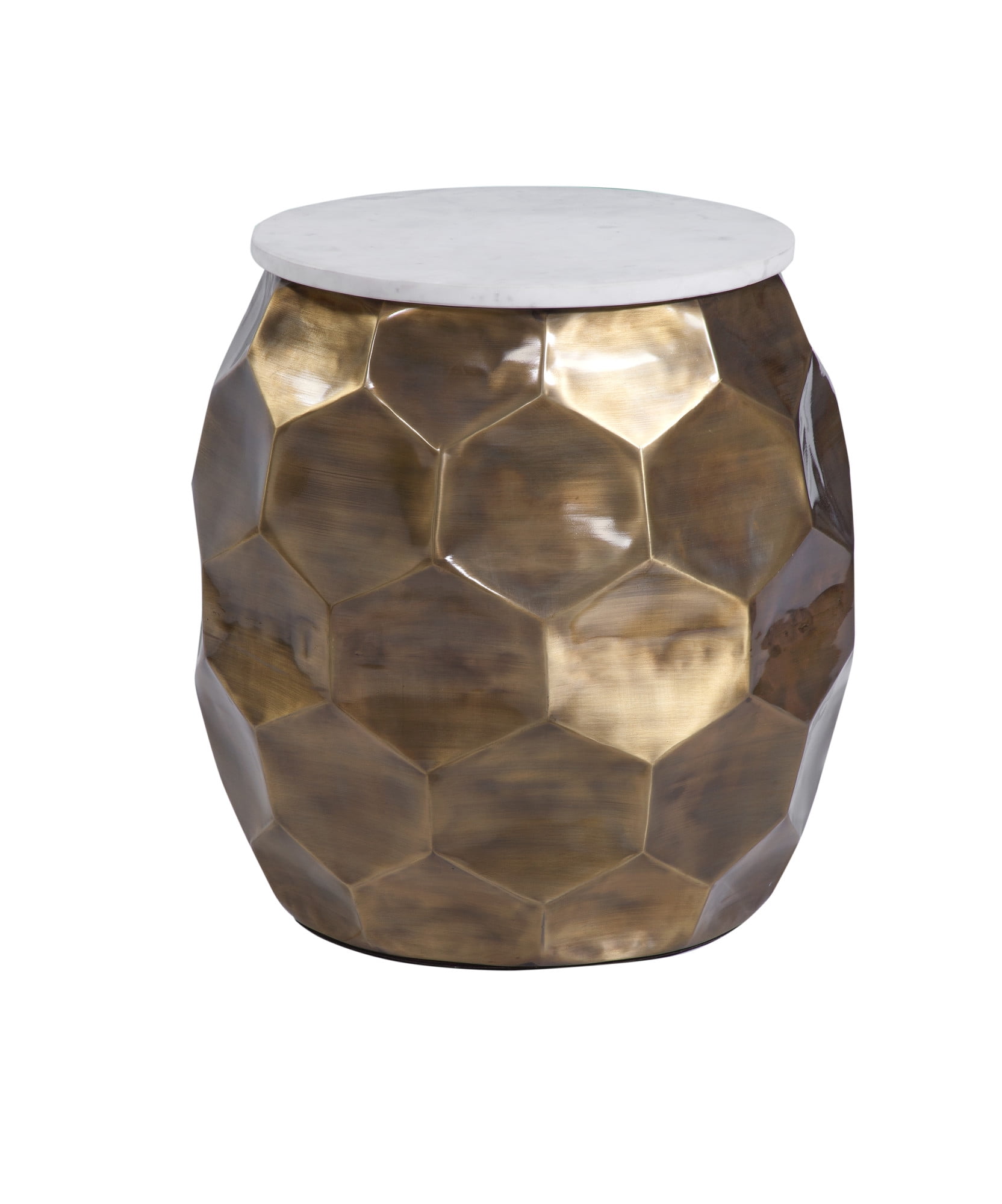 Brass and White Marble Round End Table with Textured Base