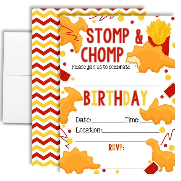 Stomp  Chomp Dinosaur Chicken Nugget Birthday Party Invitations