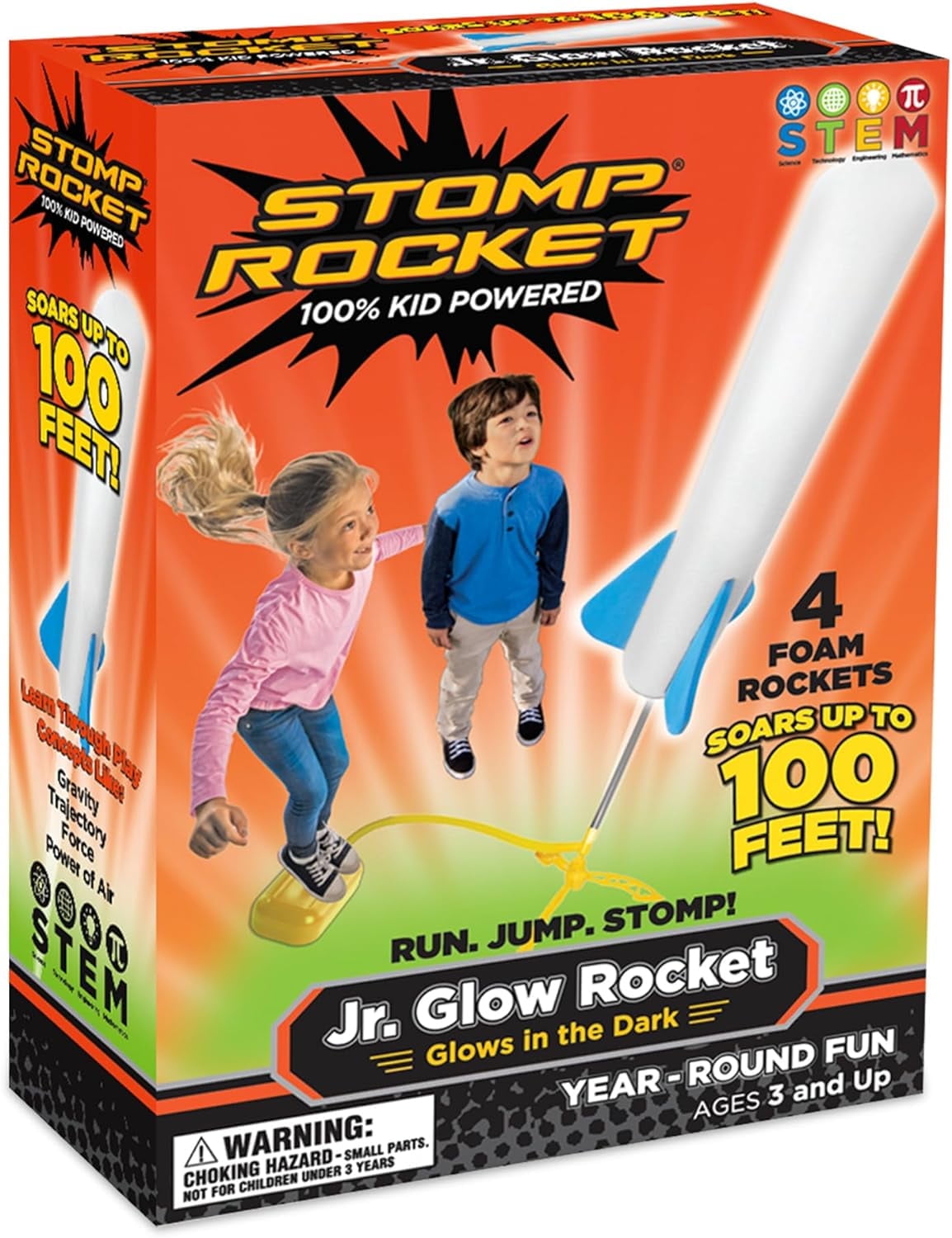 Stomp Rocket Original Jr. Glow Rocket Launcher for Kids, Soars up to 100 Ft, 4 Foam Rockets and Adjustable Launcher, Gift for Boys and Girls Ages 3 Years and up