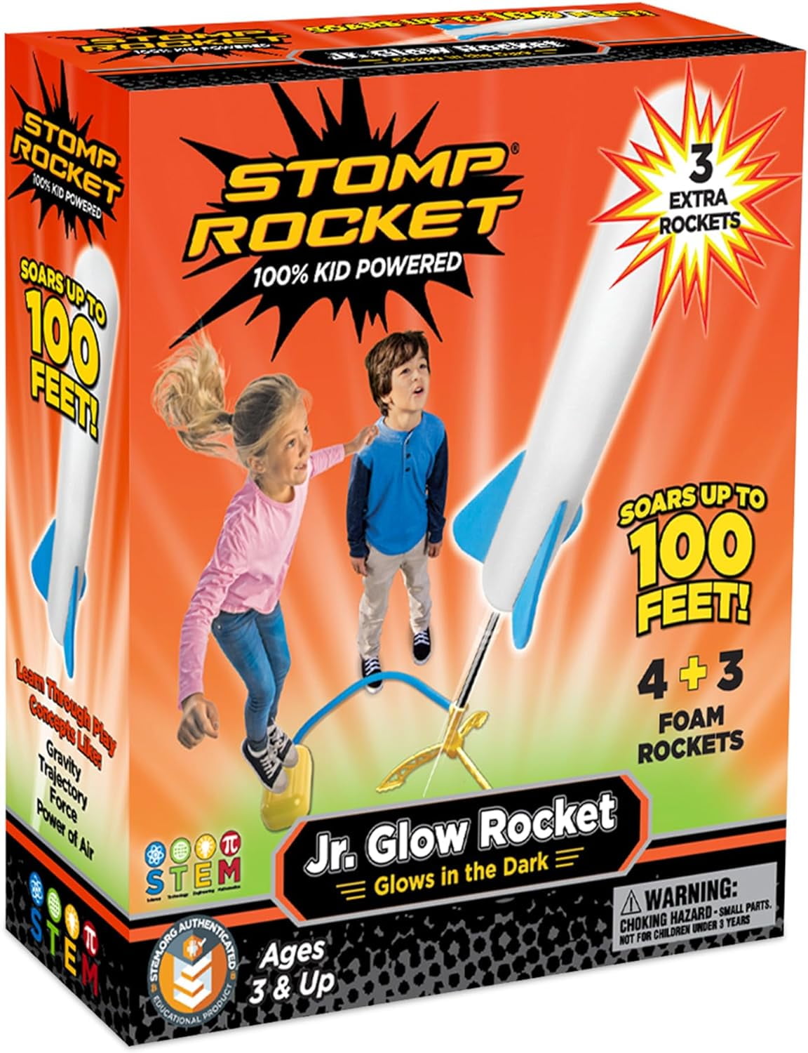 Stomp Rocket Original Jr. Glow Rocket Launcher for Kids, Soars up to 100 Ft, 7 Foam Rockets and Adjustable Launcher, Gift for Boys and Girls Ages 3 and up