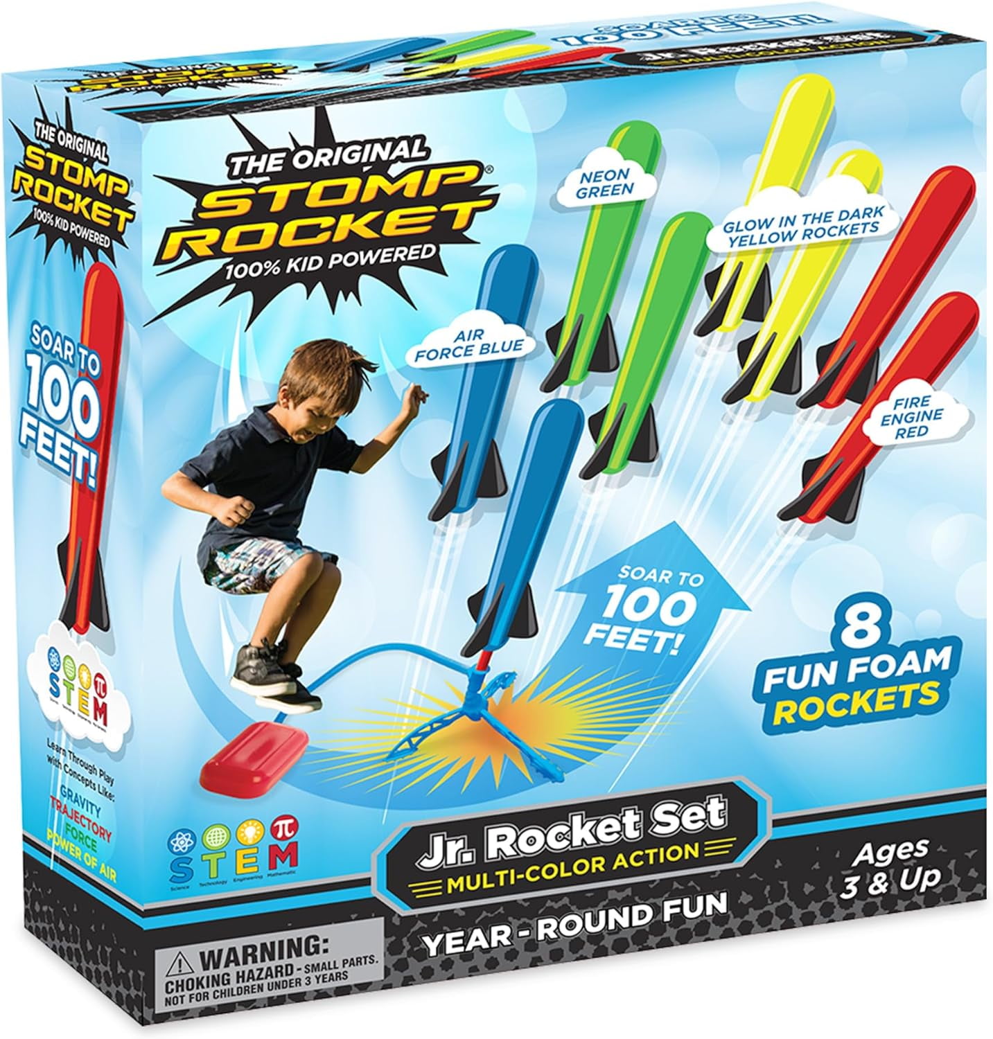 Stomp Rocket Original Jr. Rocket Launcher for Kids, Soars 100 ft, 8 Multi Color Foam Rockets and 1 Adjustable Launcher Stand, Gift for Boys or Girls Age 3+ Years Old