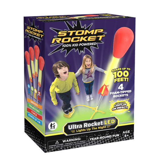 Stomp Rocket® Original Ultra LED Rocket Launcher for Kids, Soars 100 ft, 4 LED-Light Foam Tipped Rockets and Adjustable Launch Stand, Gift for Boys and Girls Ages 5 and up
