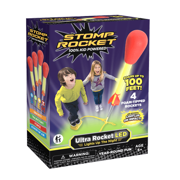 Stomp Rocket® Original Ultra LED Rocket Launcher for Kids, Soars 100 ft, 4 LED-Light Foam Tipped Rockets and Adjustable Launch Stand, Gift for Boys and Girls Ages 5 and up