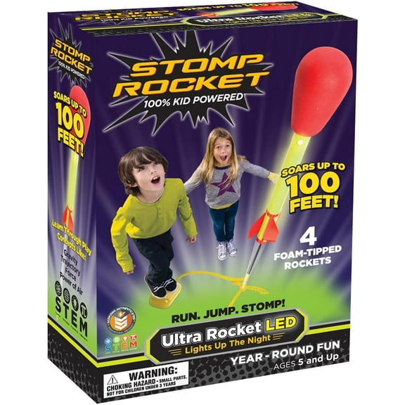 Stomp Rocket® Original Ultra LED Rocket Launcher for Kids, Soars 100 ft, 4 LED-Light Foam Tipped Rockets and Adjustable Launch Stand, Gift for Boys and Girls Ages 5 and up