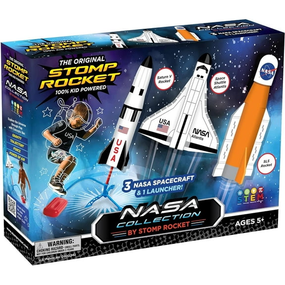 Stomp Rocket Space Collection Rocket Launcher for Kids, 3 NASA Rockets - Backyard & Outdoor Fun Toy Gift for Boys & Girls - STEM Soft Foam Blaster Set Soars Up to 100 Feet - Ages 5 & Up