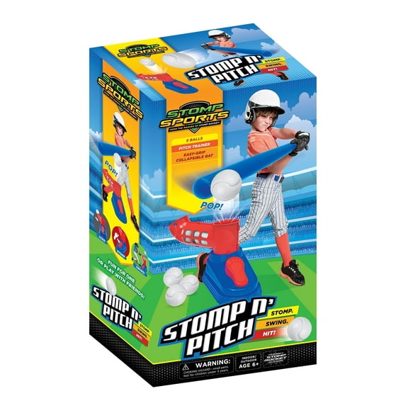 Stomp Sports Stomp N' Pitch, Baseball Pitching Toy for Kids, Baseball Training, Outdoor Play, Includes 1 Ball Launcher, 5 Balls, Collapsible Bat, Boys and Girls Ages 6 and Up