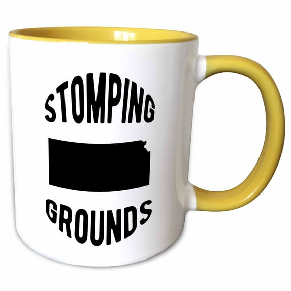 Stomping Grounds. Black stretched lettering and Kansas on white. 11oz Two-Tone Yellow Mug mug-342349-8