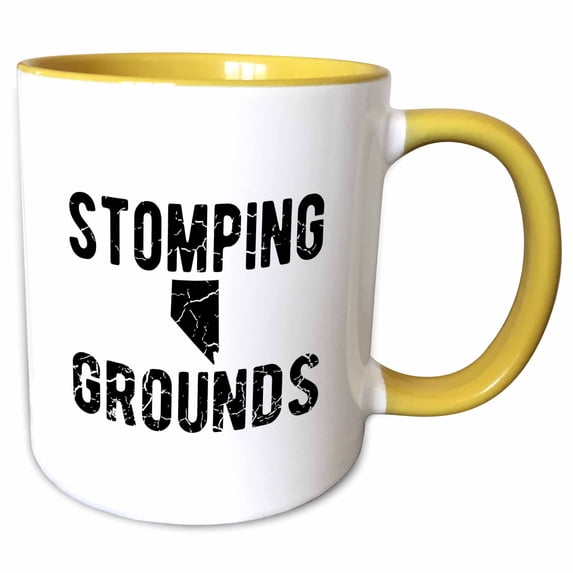 Stomping Grounds. Cracked black lettering and Nevada on white. 11oz Two-Tone Yellow Mug mug-342679-8