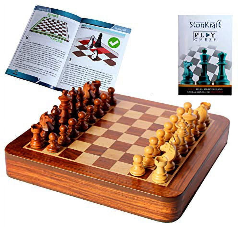 StonKraft 12" x 12" Collectible Wooden Drawer Chess Game Board Set + Wooden Crafted Chess Pieces - Flat Chess Board with Drawer