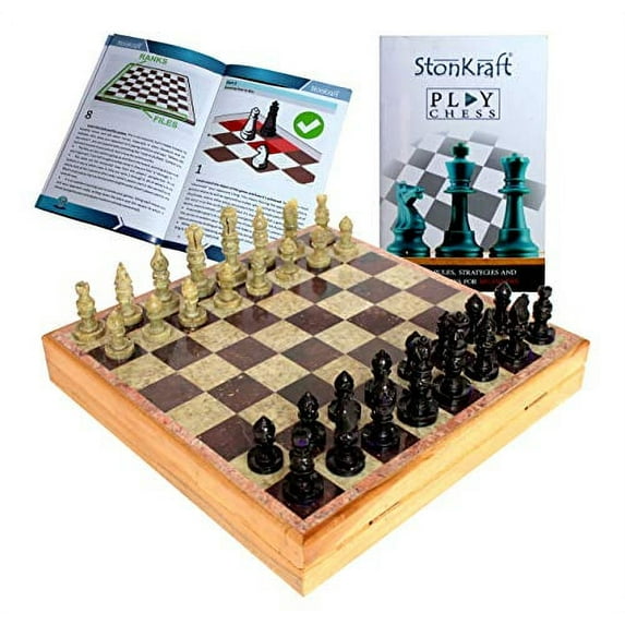 StonKraft - 12" x 12" Stone Inlaid Chess Game Board with Wooden Base - Board Set with Hand-crafted Natural Stone Chess Pieces
