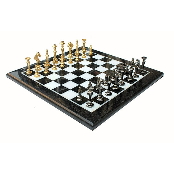 StonKraft 15" X 15" Collectible Black Marble Chess Game Board Set + Brass Crafted Pieces