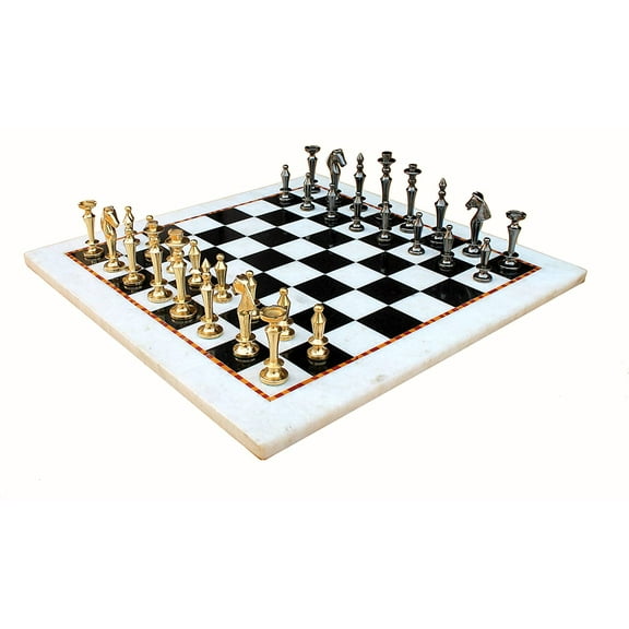 StonKraft 15" X 15" Collectible White Marble Chess Board Game Set + Brass Crafted Pieces