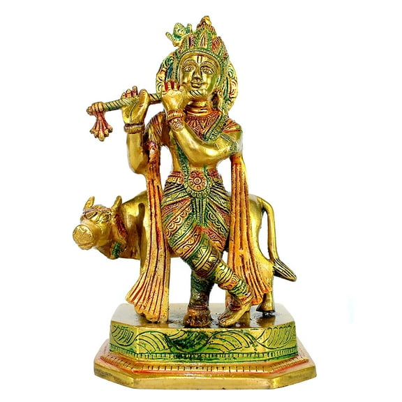 StonKraft - Krishna Krishan Kanha with Kamdhenu Cow - Murti Idol Statue Sculpture | Pooja Idols - Home Decor | Brass - 8" Inches - Multicolor